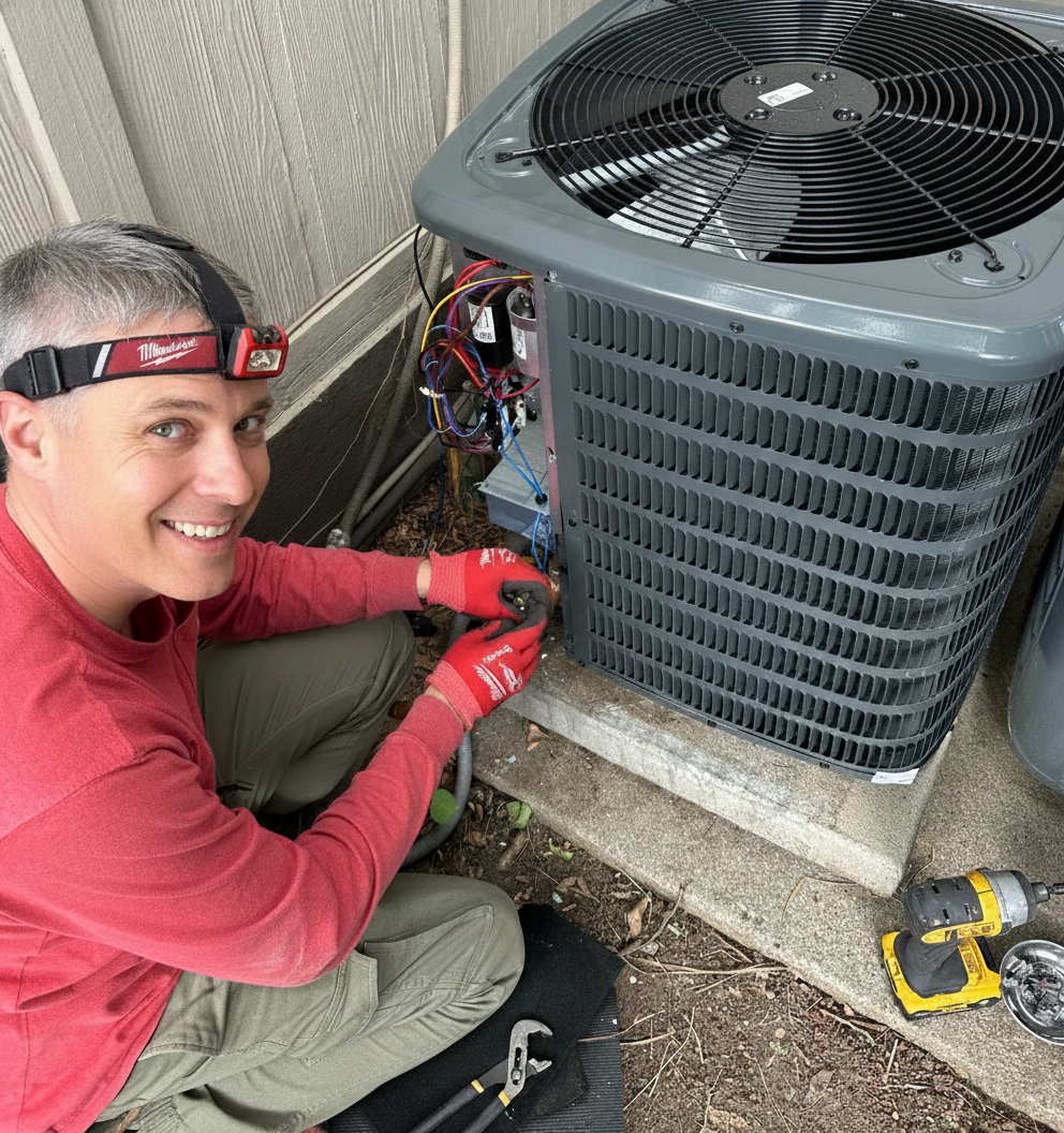 HVAC tech at work, condenser installation